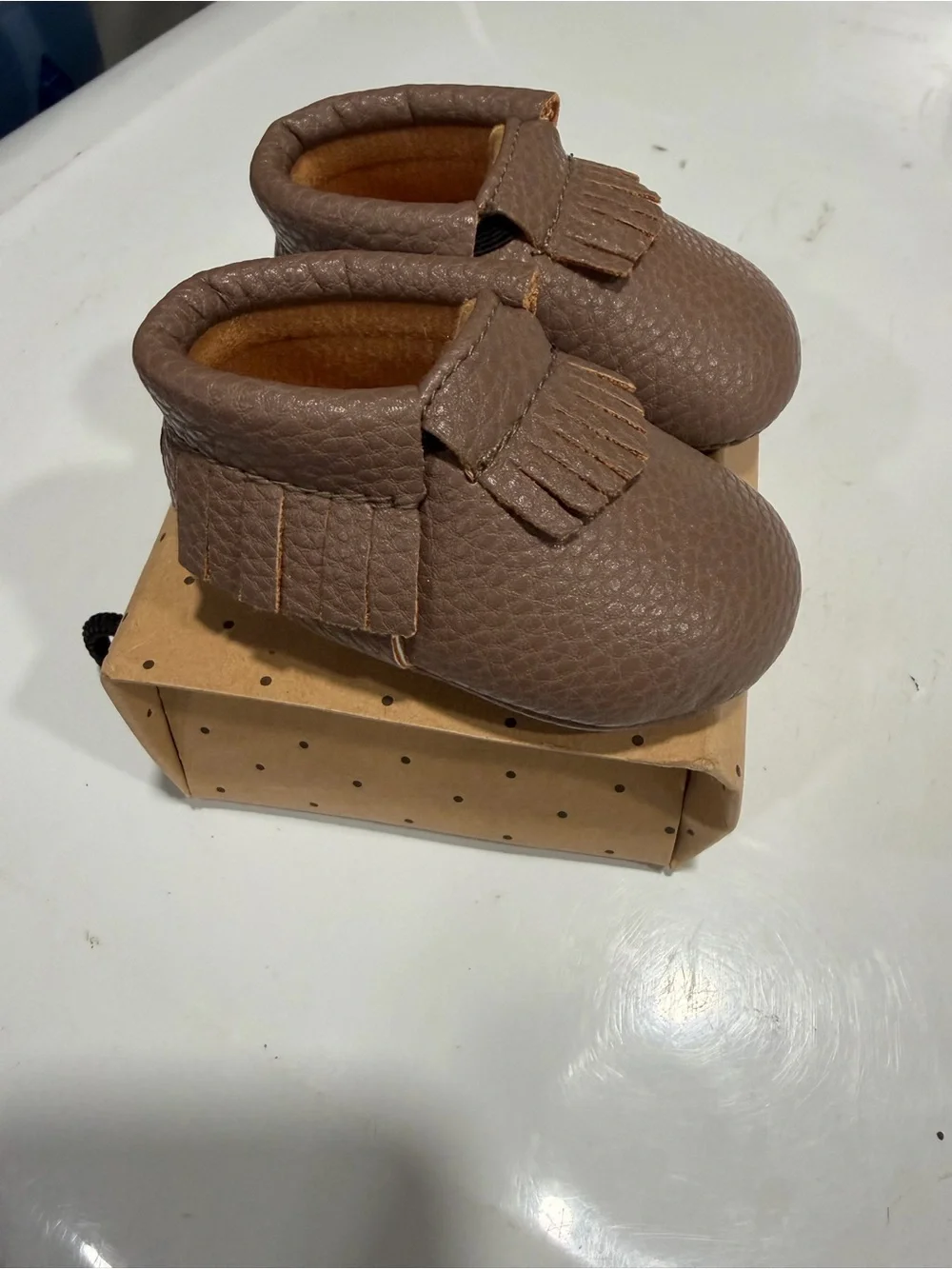 Soft Brown Baby Moccasins with Fringe - Cozy Slip-On Size 0